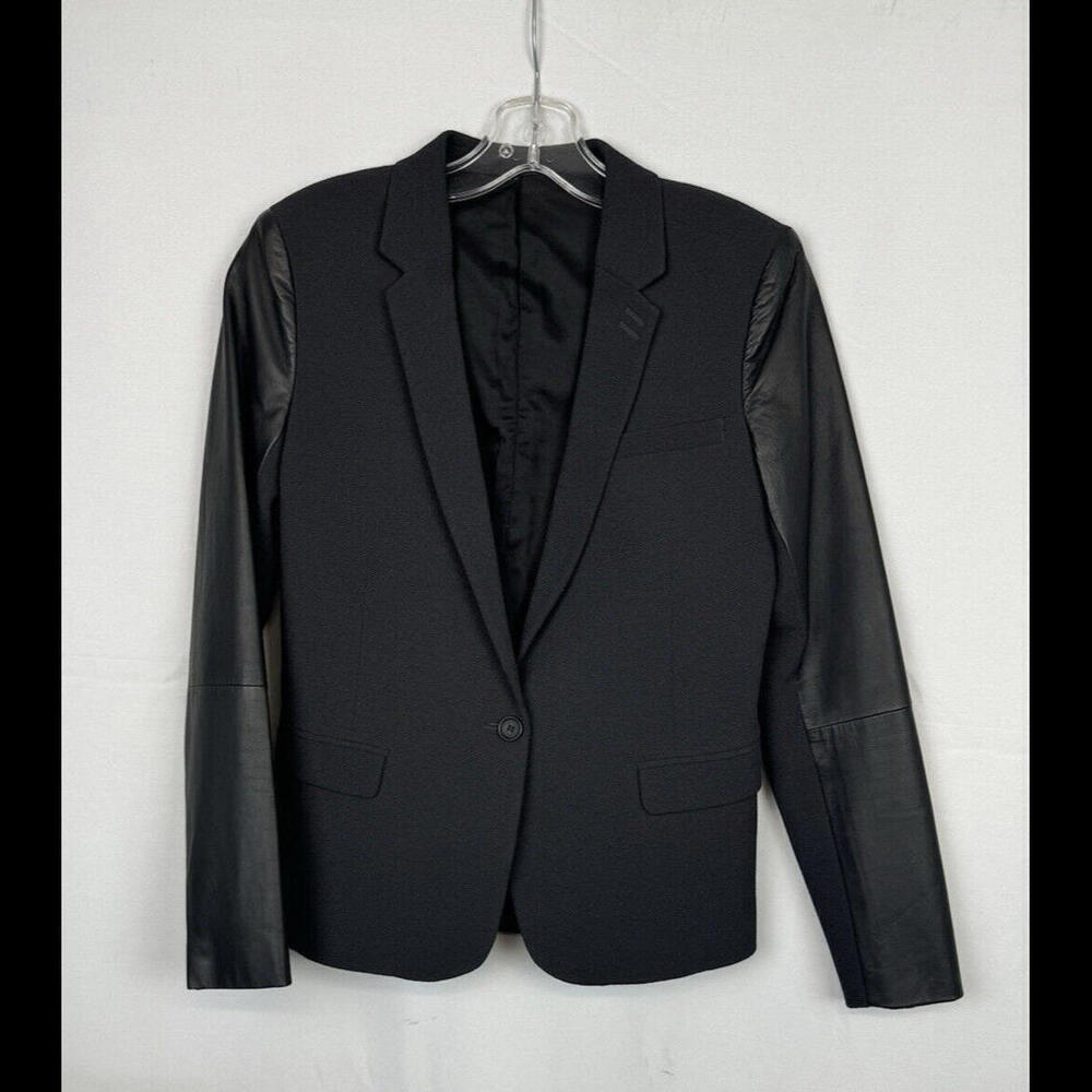 The Kooples Leather Sleeve Single Button Blazer Jacket Black Size 36, US 6